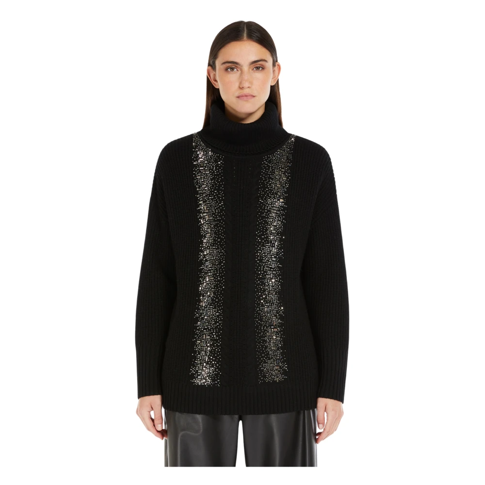 Max Mara Studio Zwarte coltrui met unieke borduurwerk Black Dames