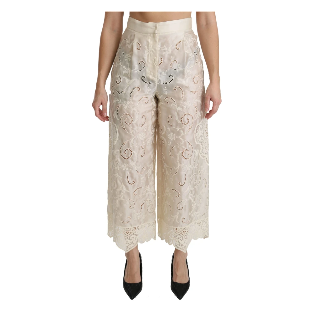 Dolce & Gabbana Kvinno Vit Byxor Dam, L, Bomull, Elegant High Waist Palazzo Cropped Pants