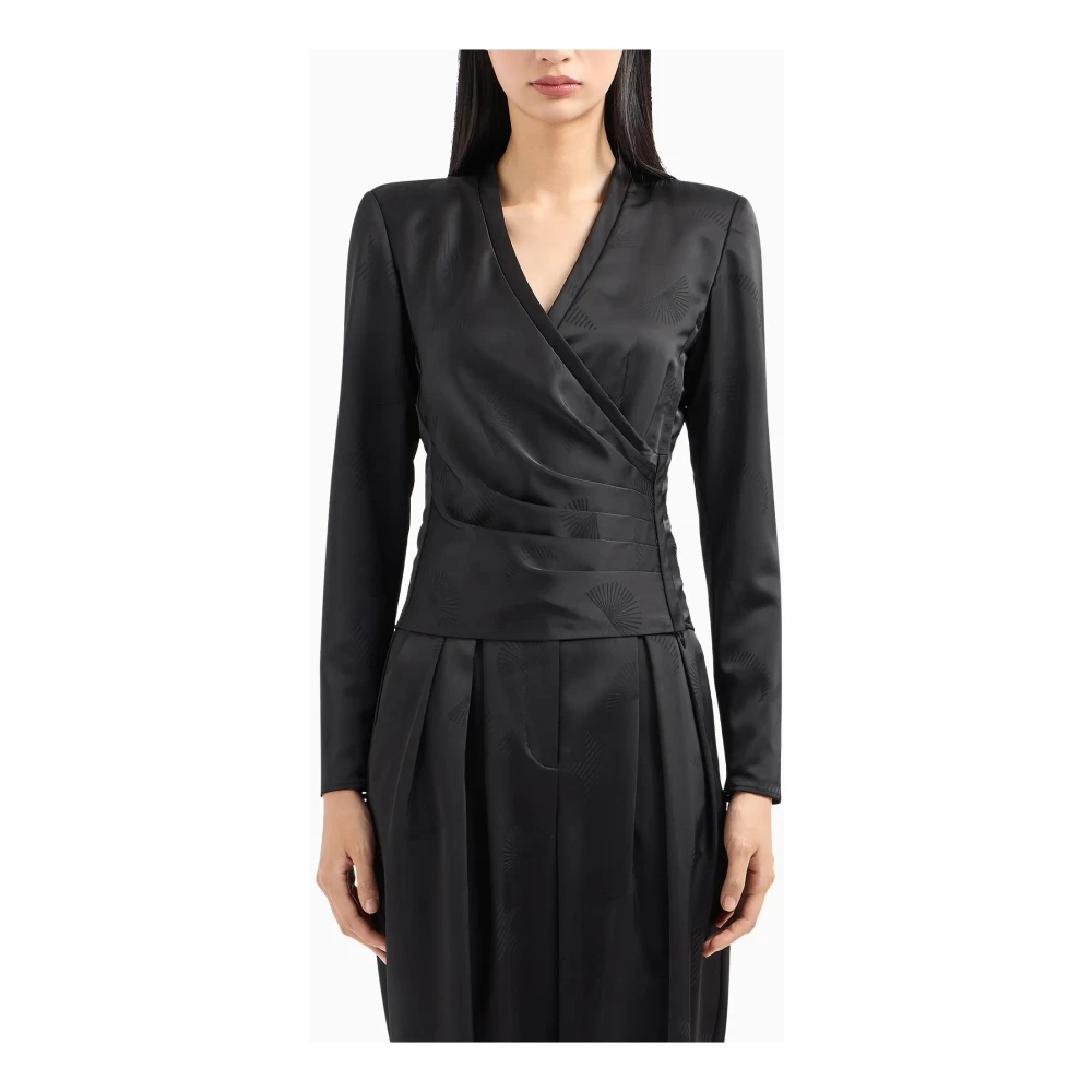 Emporio Armani Zwarte Jacquard V-Hals Shirt Black Dames