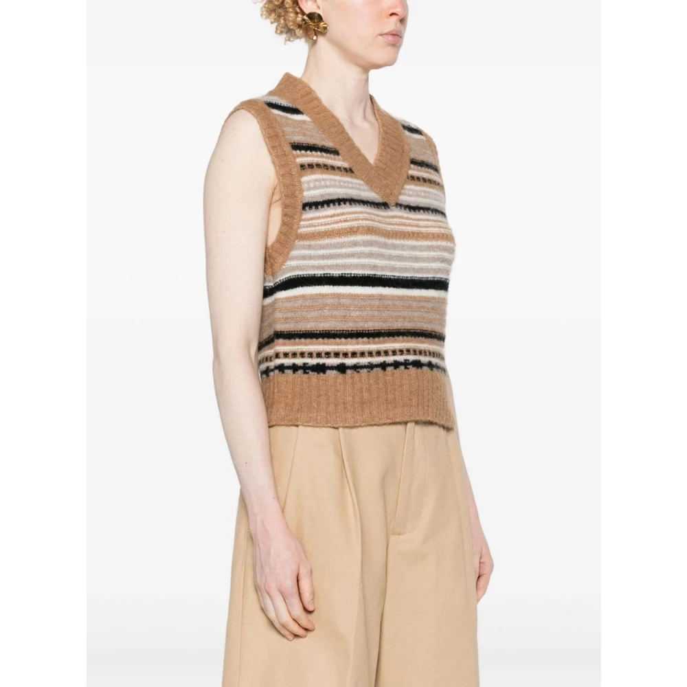 Ganni Geborduurd Logo V-Hals Mouwloze Trui Beige Dames
