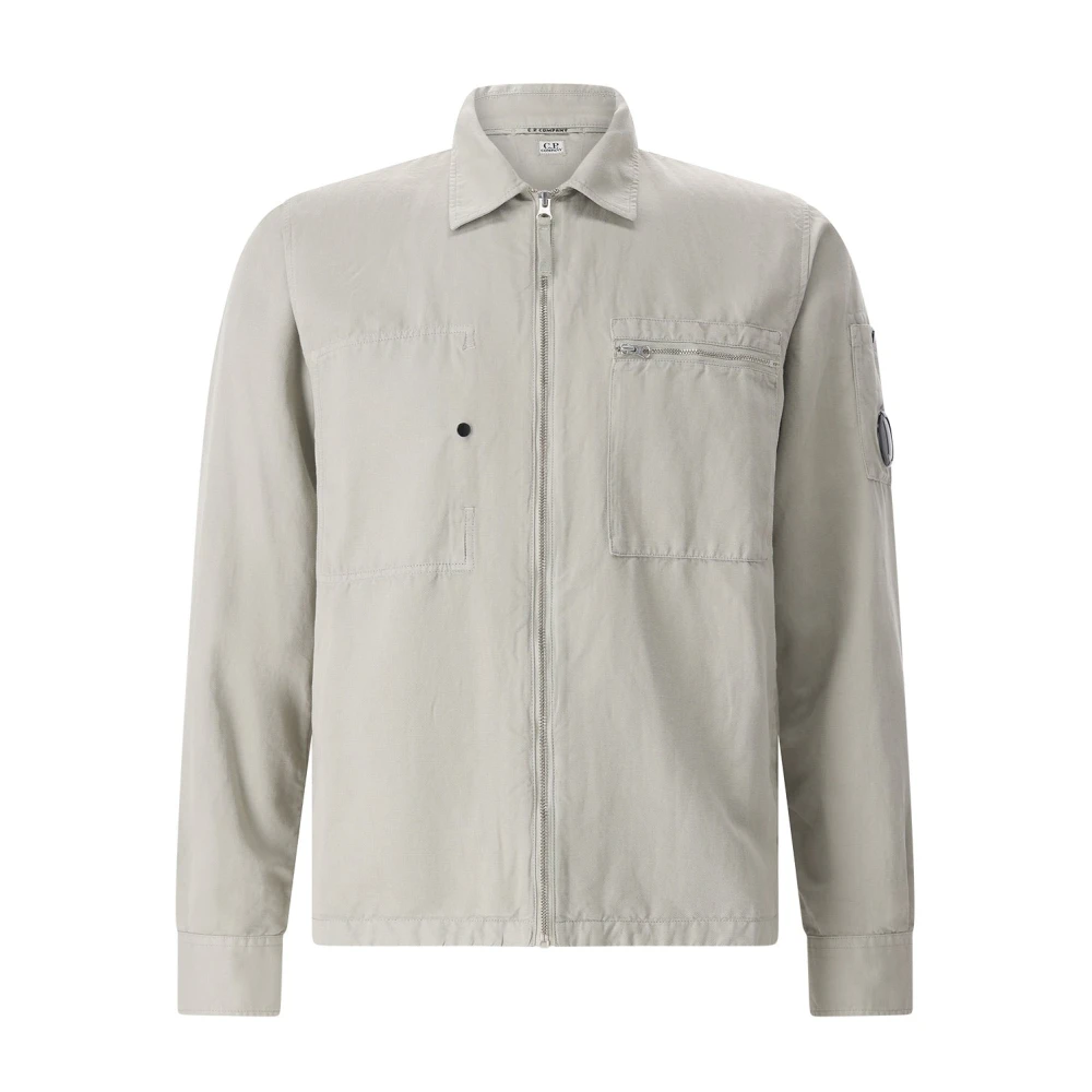 C.p. Company Men's Green Light Jackets, L, Logo-Appliquéd Cotton And Linen-Blend Overshirt