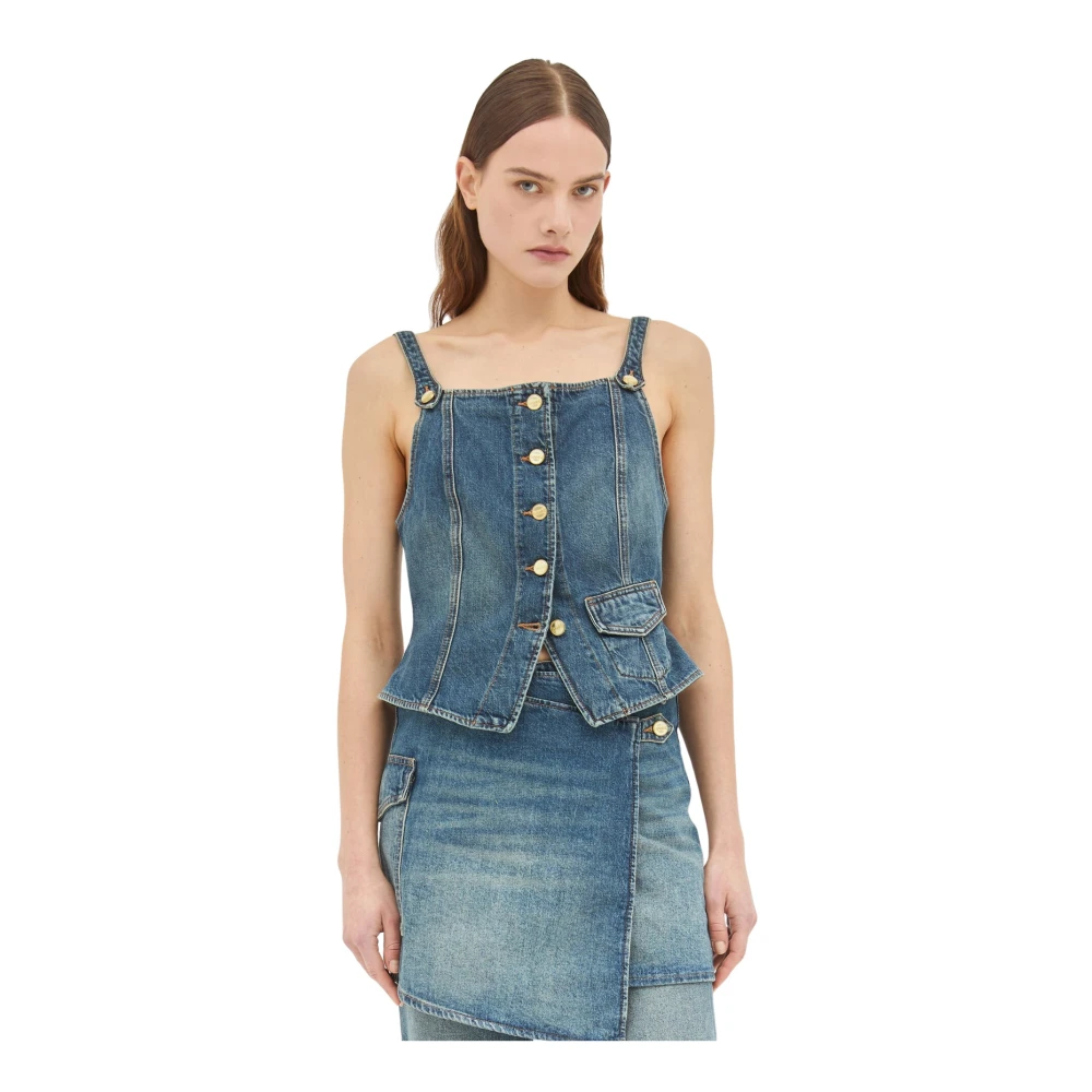 Ganni Vierkante Hals Denim Top Blue Dames