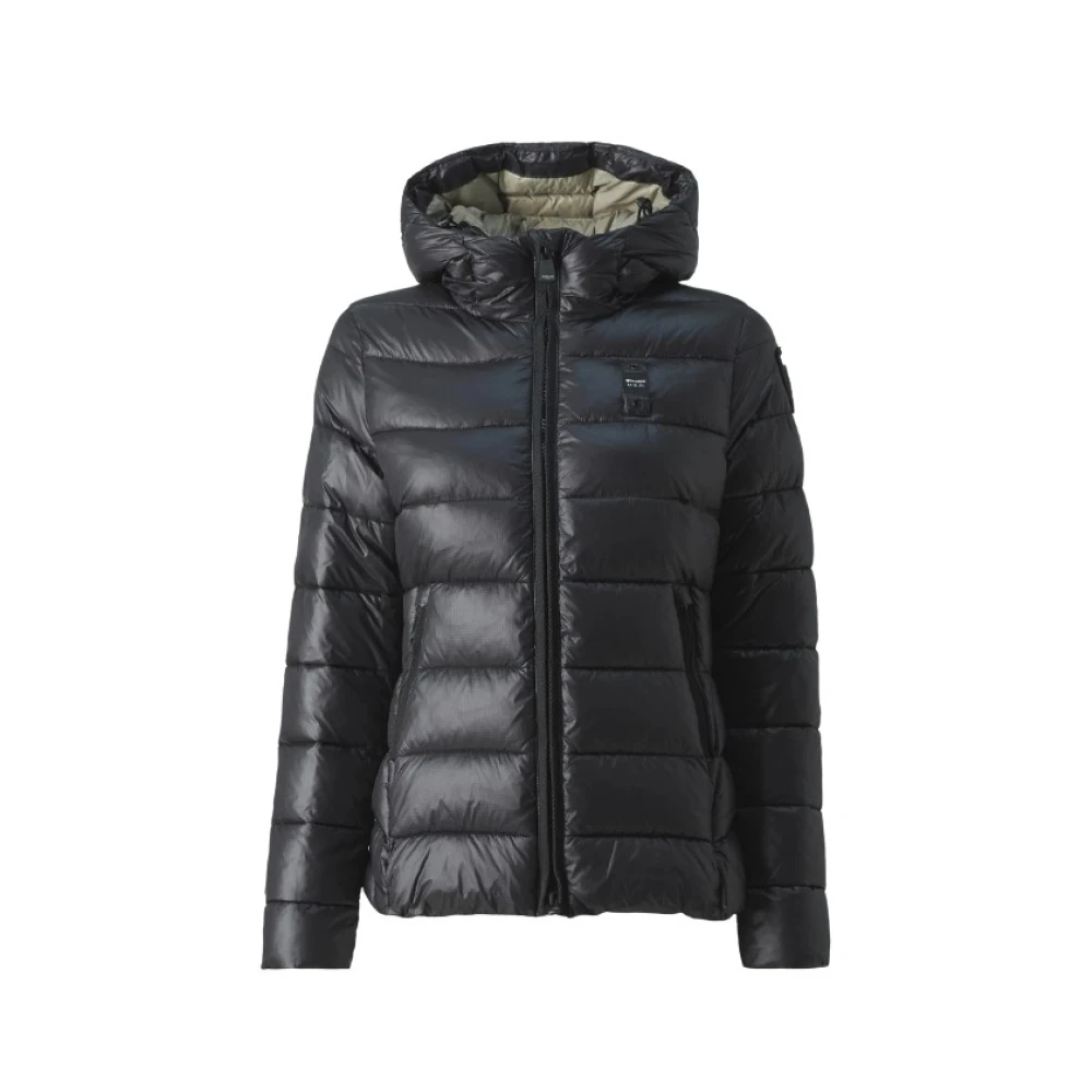 Blauer Zwarte Winterjas met Capuchon en Zakken Black Dames