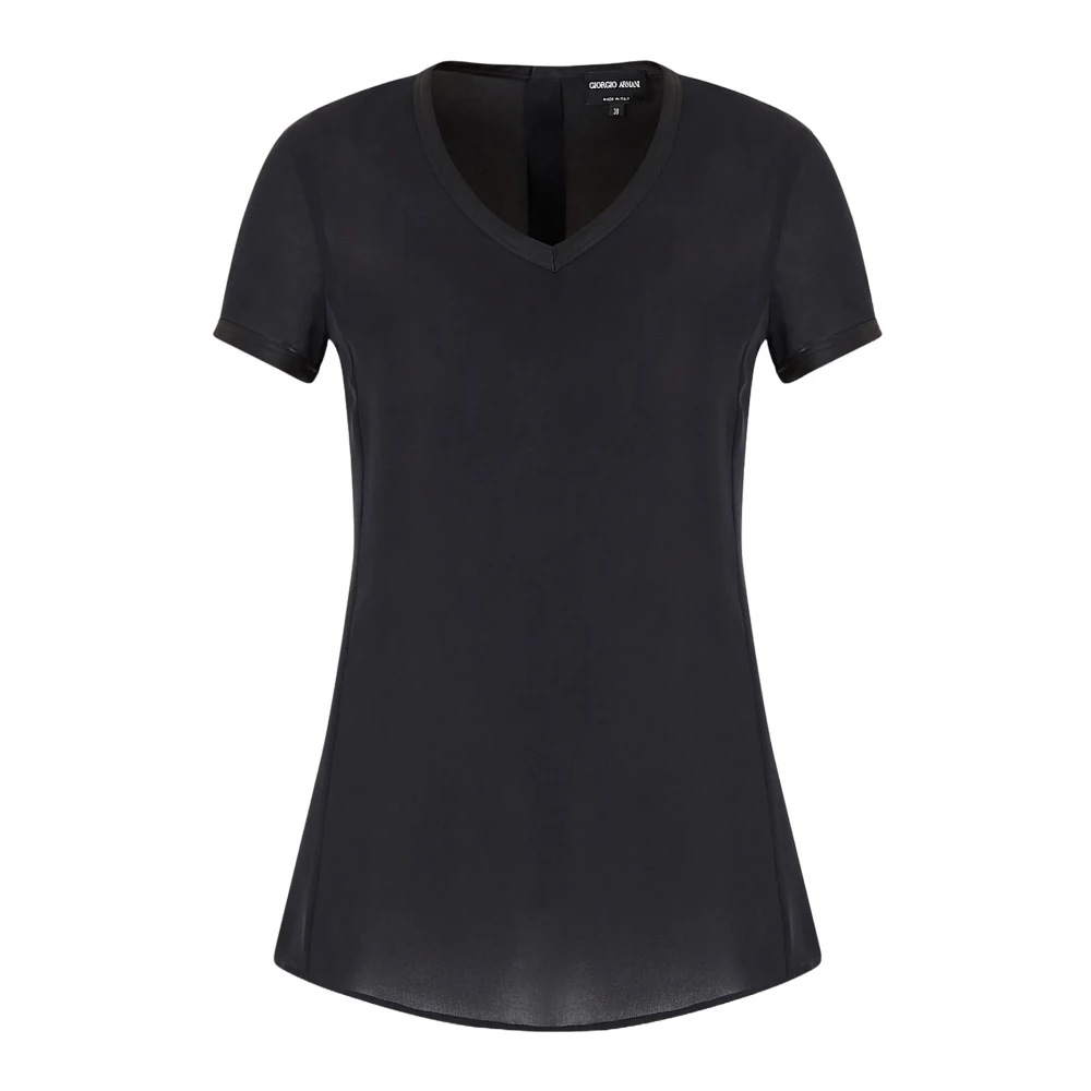 Giorgio Armani Zwarte Zijden Crepe Blouse V-Hals Korte Mouw Black Dames