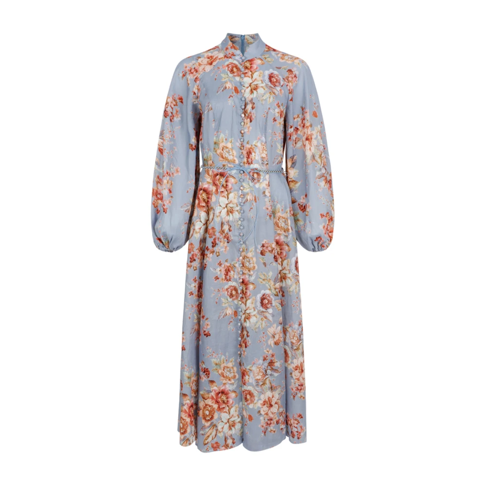 Zimmermann Women's Blue Midi Dresses, M, Floral Linen Midi Dress