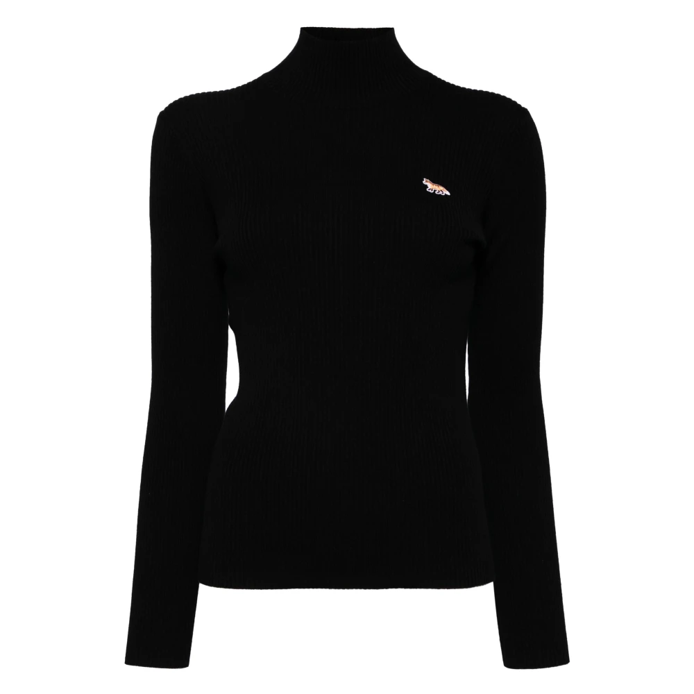 Maison Kitsuné Vos Patch Geribbelde Coltrui Sweater Black Dames