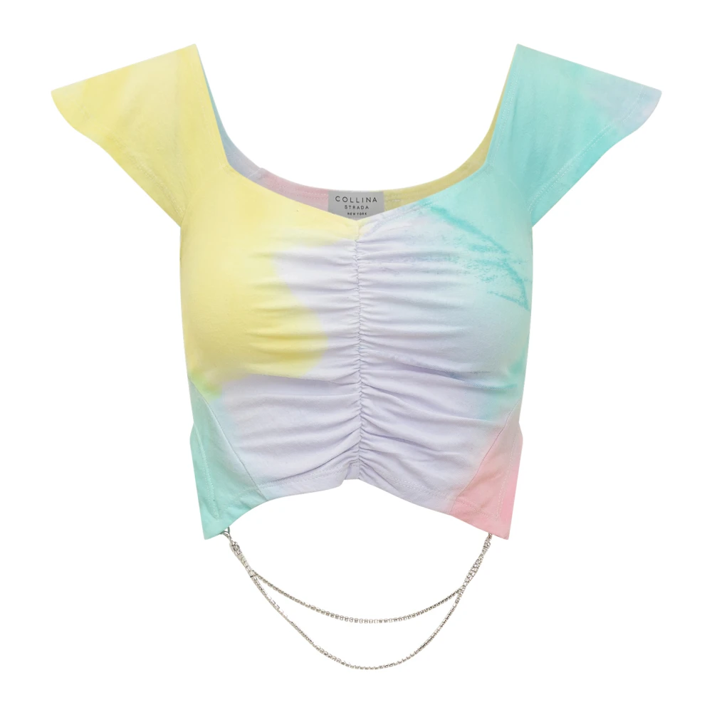 Collina Strada Geknipte V-Hals Tie Dye T-Shirt met Rhinestone Tribal Patroon Multicolor Dames