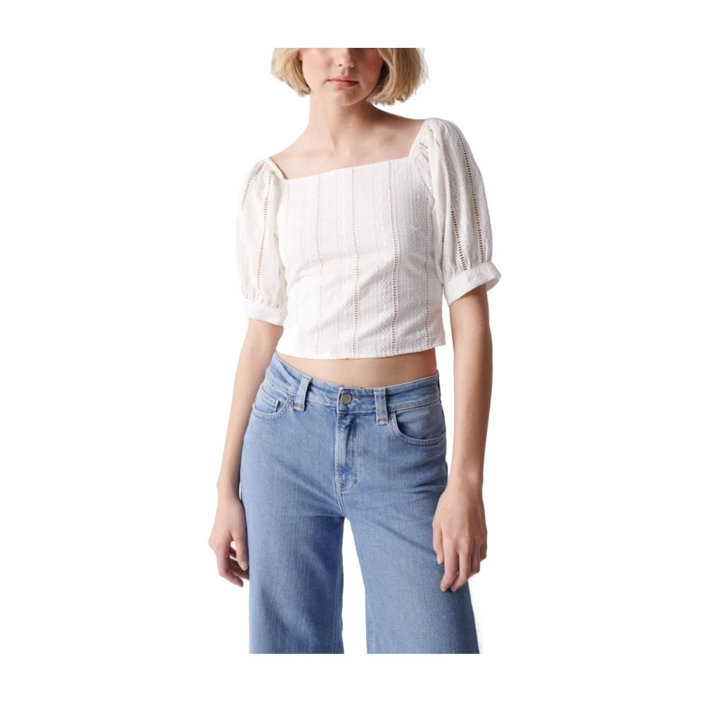 Salsa Witte geborduurde blouse slim fit White Dames