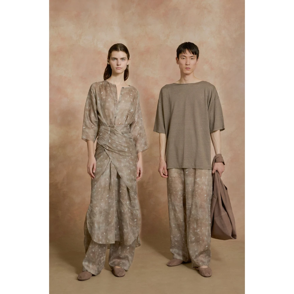 Cortana Rami linnen broek met ayaz print Beige Dames