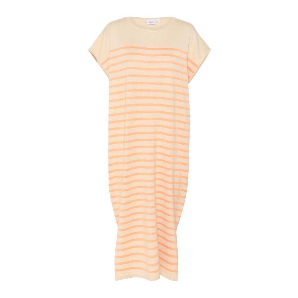 Saint Tropez Women's Beige Midi Dresses,, Striped Dress Fog Orange Stripe Large