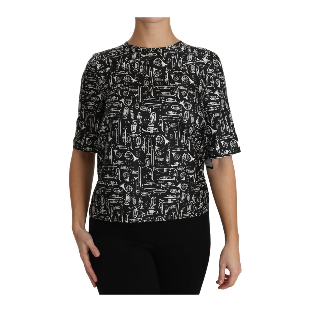 Dolce & Gabbana Women's Black Blouses, 2XS, Exquisite Silk Blouse With Trumpet Print
