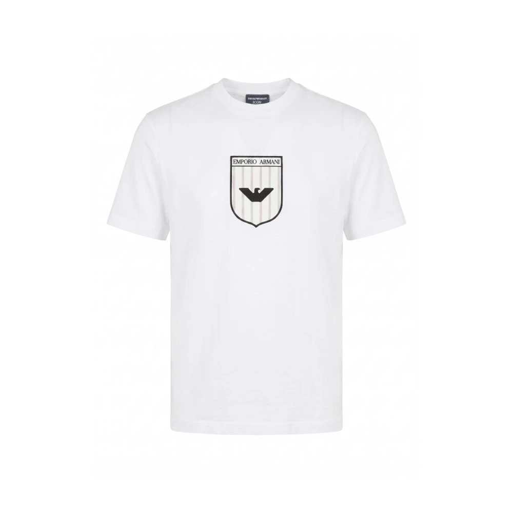 Emporio Armani Mannelijk Wit Tops Heren, L, Katoen, T-Shirt Met Ronde Hals En Logo-Borduursel