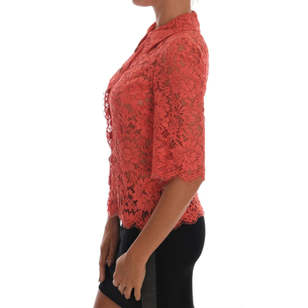 Dolce & Gabbana Korte Mouw Bloemen Kant Vest Blouse Orange Dames