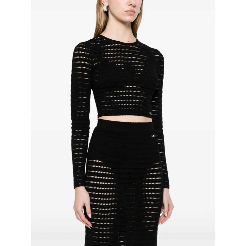 Elisabetta Franchi Zwart Logo Tag Ronde Hals Lange Mouw Black Dames