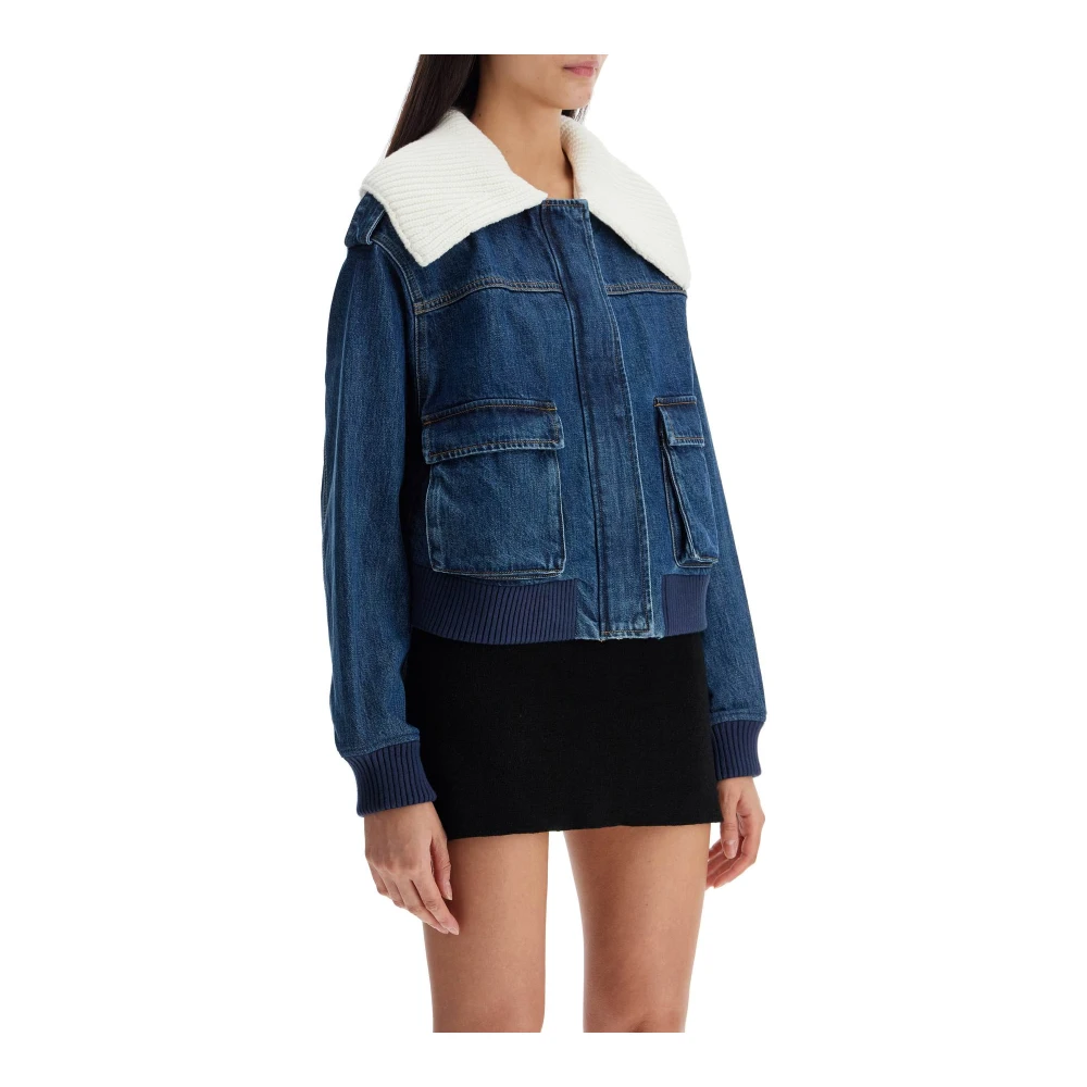 Self Portrait Denim Bomberjack met Geribbelde Kraag Blue Dames