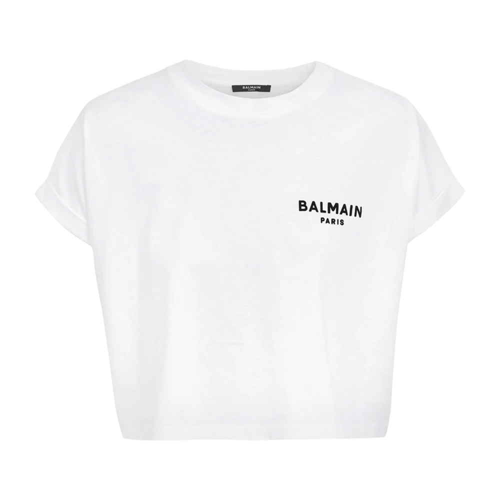 Balmain Flocked Paris Cropped T-Shirt White, Dam