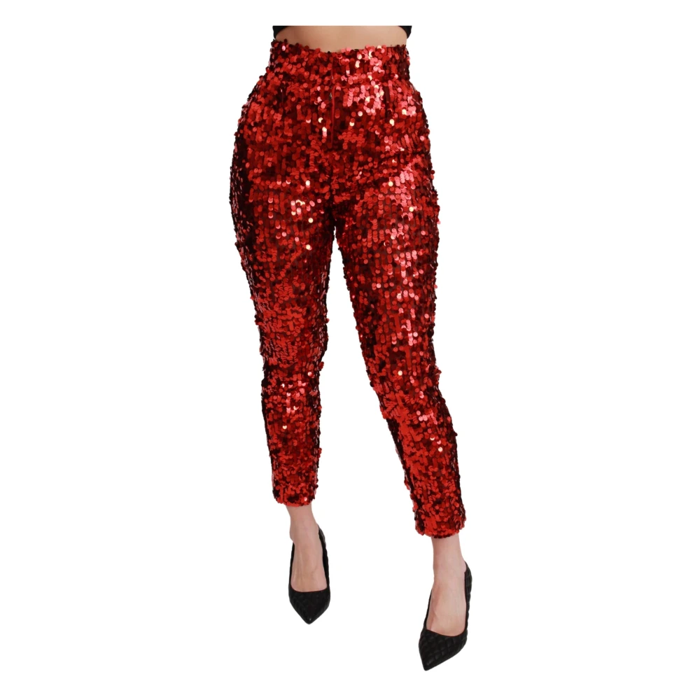 Dolce & Gabbana Women's Red Skinny Trousers,, Sequined Cropped Trousers Trousers Extra Small