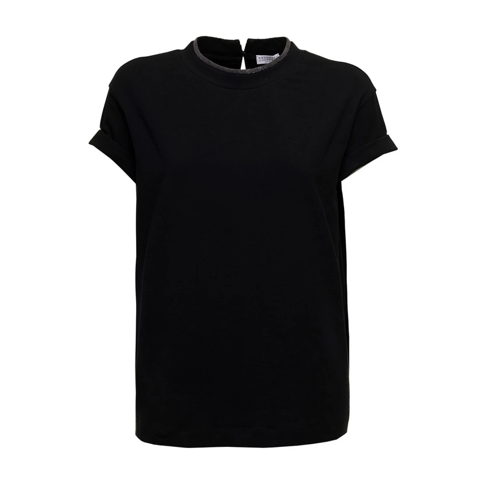 Brunello Cucinelli Women's Black Cotton T-Shirt With Monile Crewneck