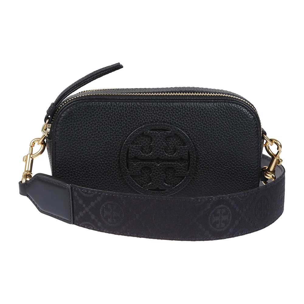 TORY BURCH Zwarte leren schoudertas met reliëflogo Black Dames
