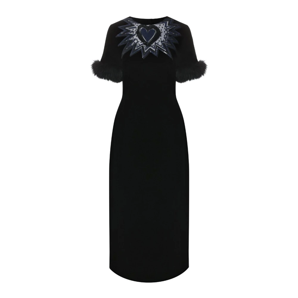 Fendi Black Velvet Midi Dress With Fur Trim - Female - Midi Dresses - Black - Xs - Dresses