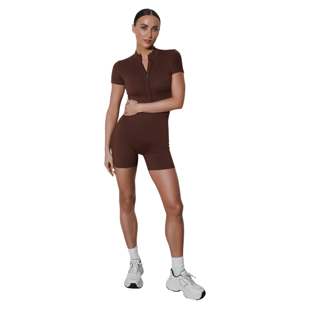Estro Brown Slim Fit Sporty Jumpsuit With Short Sleeves And Shorts - Female - Playsuits - L - Jumpsuits & Playsuits