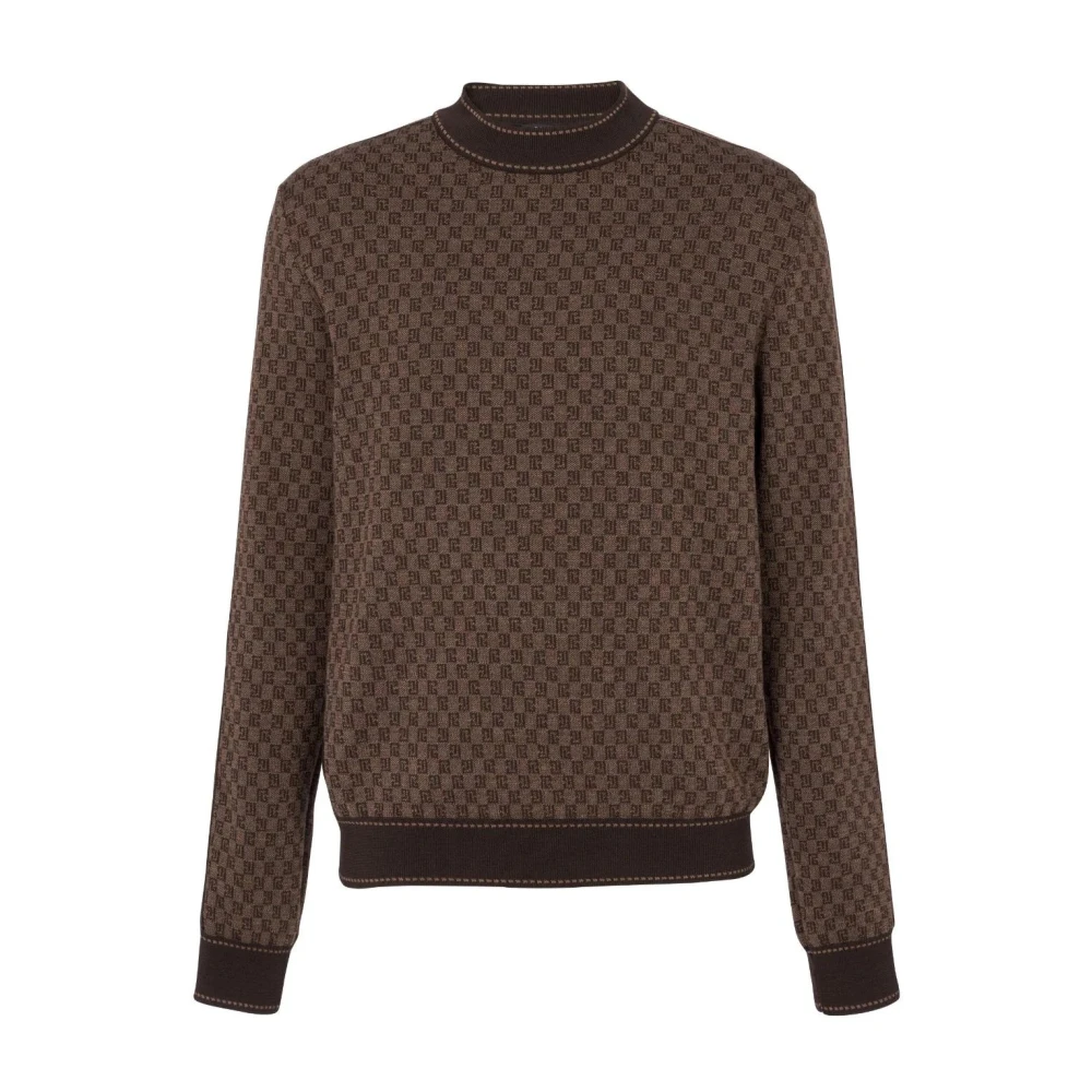 Balmain Men's Brown Mini Monogram Wool Jumper - Round-Neck Knitwear - L - Knitwear