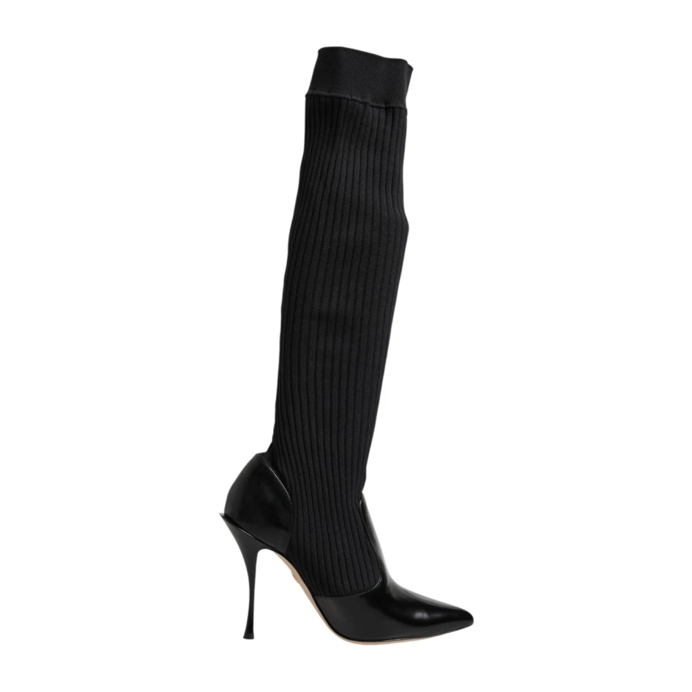 Dolce & Gabbana , Over-The-Knee Boots, Female, Black, 5 Uk, Black Leather Ribbed Knit Boots - Image 3