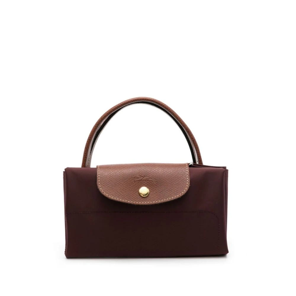 Longchamp Opvouwbare Donkerpaarse Bruine Handtas met Reliëf Logo Purple Dames