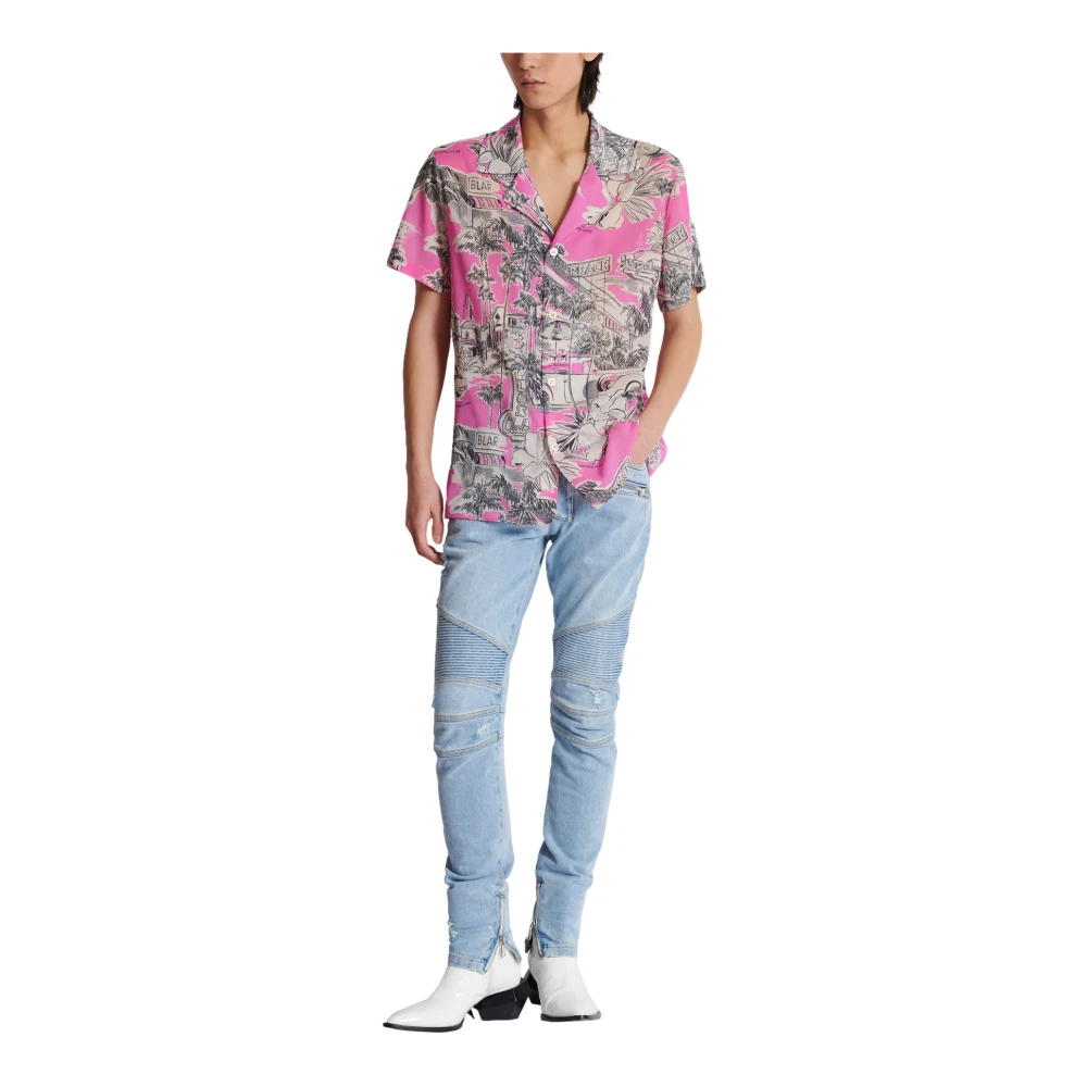 Balmain Kortemouw zijden pyjamashirt met Miami-print Pink Heren