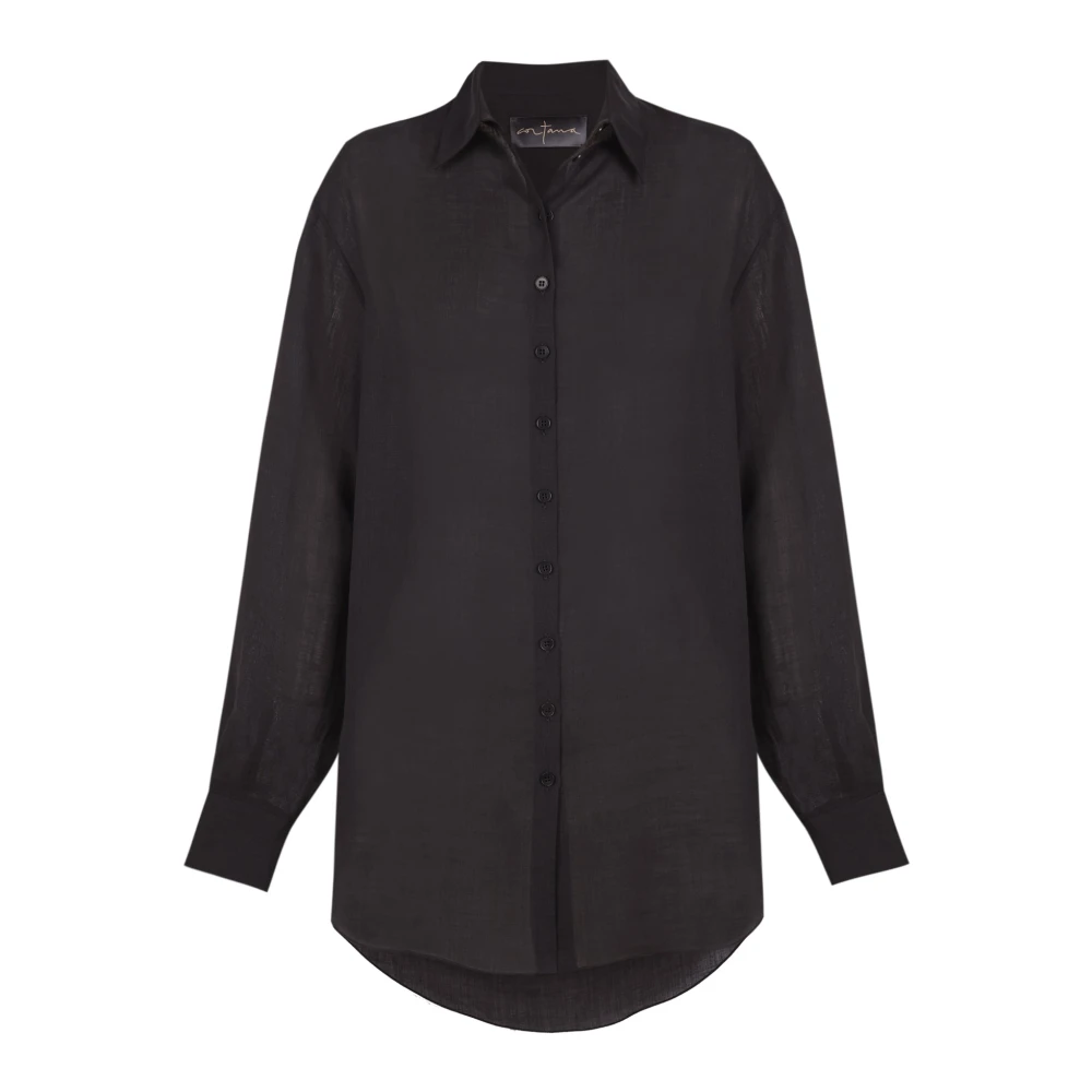 Cortana Dennis oversized shirt in zwart ramie Black Dames