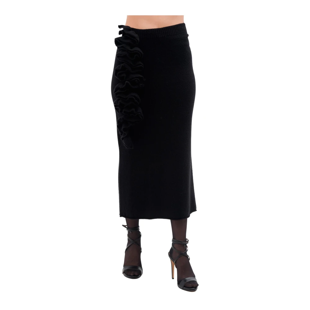 Liviana Conti Zwart Gebreid Potloodrokje met Ruffle Applicatie Black Dames