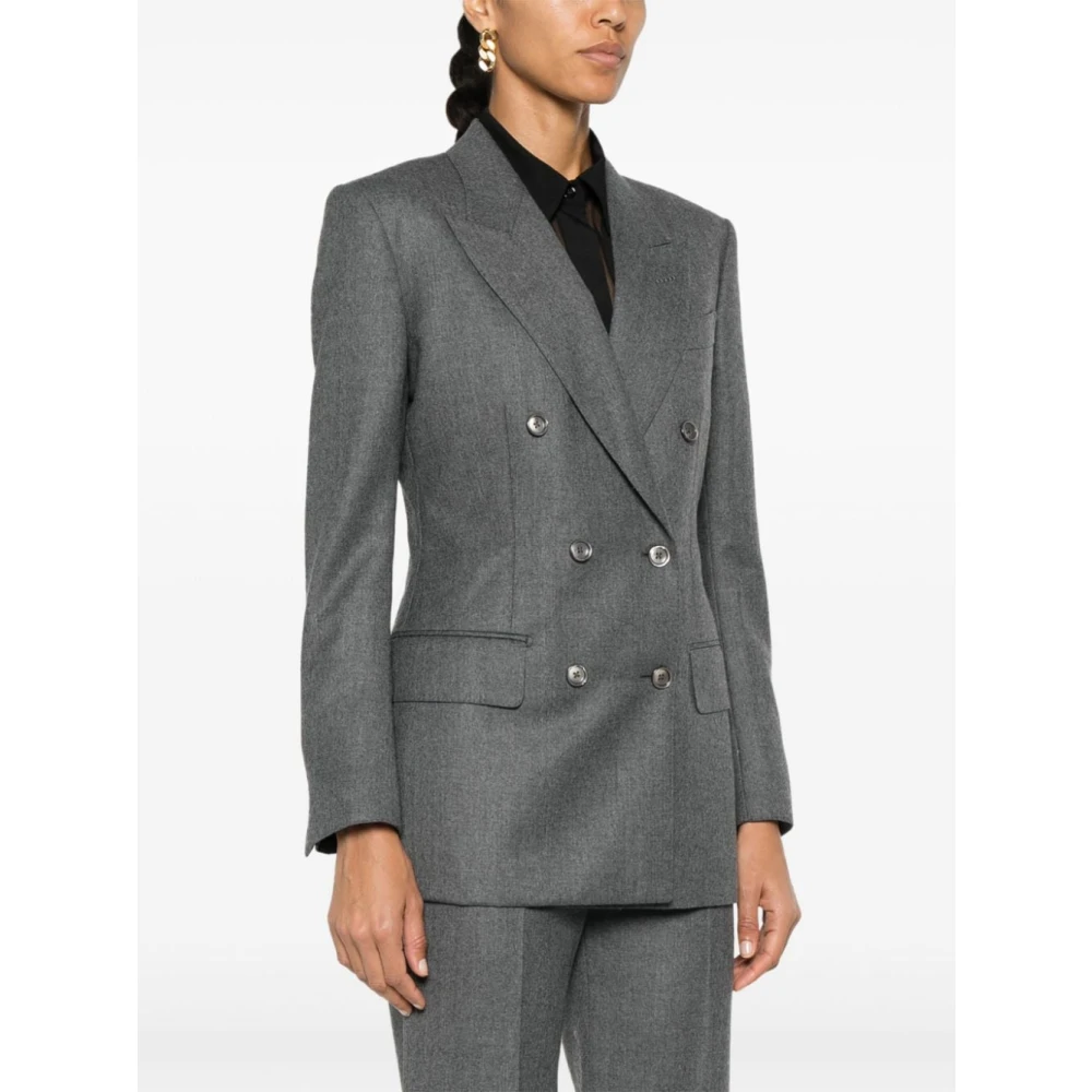 Tom Ford Grijze Wollen Jas Peak Revers Gray Dames