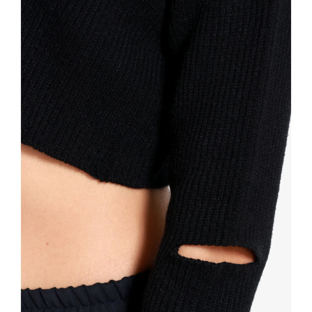 A Paper Kid Zwarte Crop Sweatshirt met Split en Logo Tag Black Dames