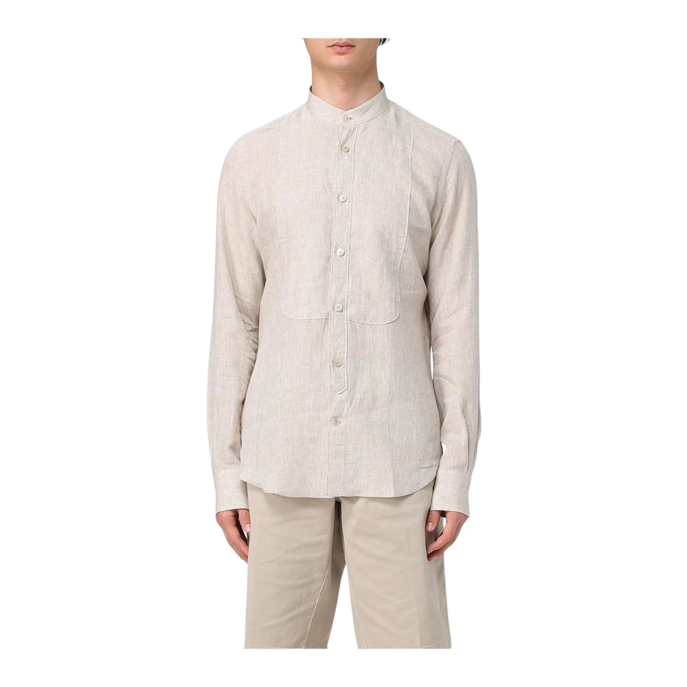 Eleventy Men's Beige Mandarin Collar Slim Fit Shirt