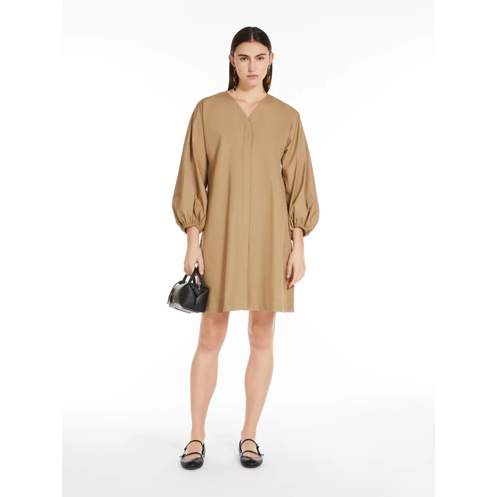 Max Mara Katoenen V-hals Jurk met Lurex Detail Brown Dames