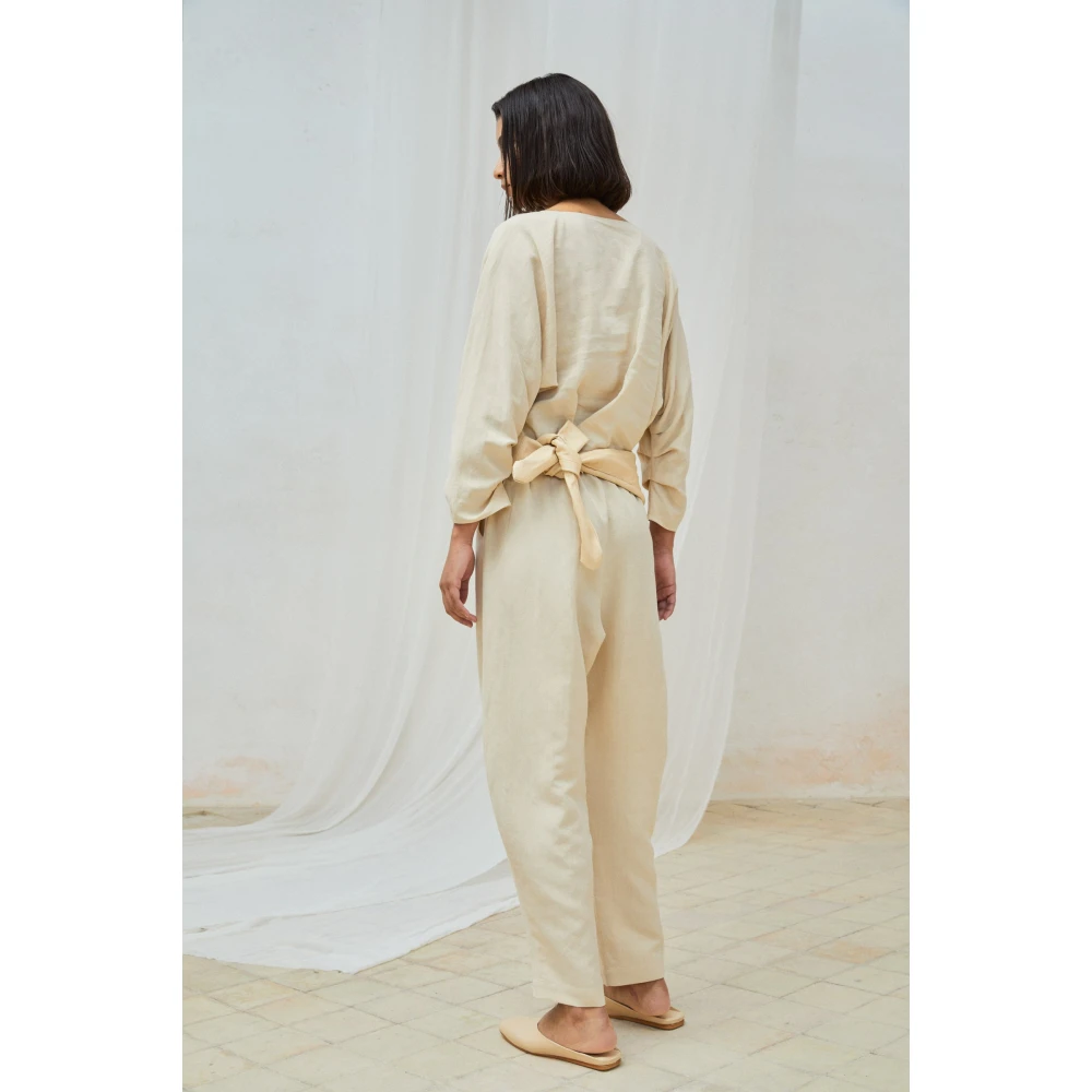 Cortana Beige Linnen Zijden Elastische Taillebroek Beige Dames