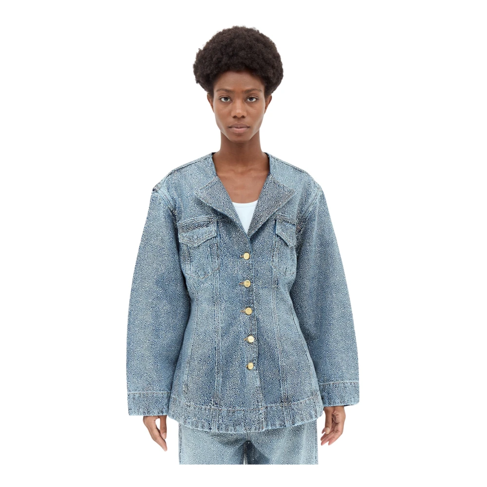 Ganni Kristalversierde Denim Blazer Blue Dames