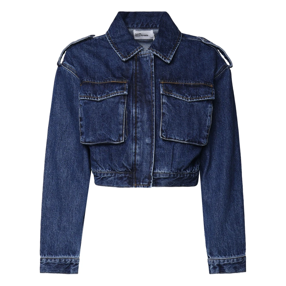 Self Portrait Denim Cropped Jas met Shirtkraag Blue Dames
