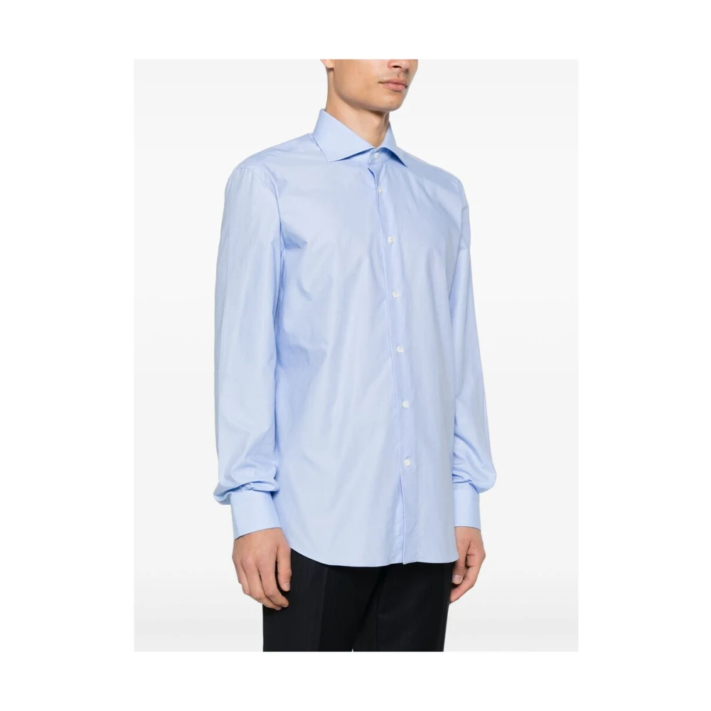 Mazzarelli Lichtblauw Katoenen Overhemd Spreidkraag Blue Heren