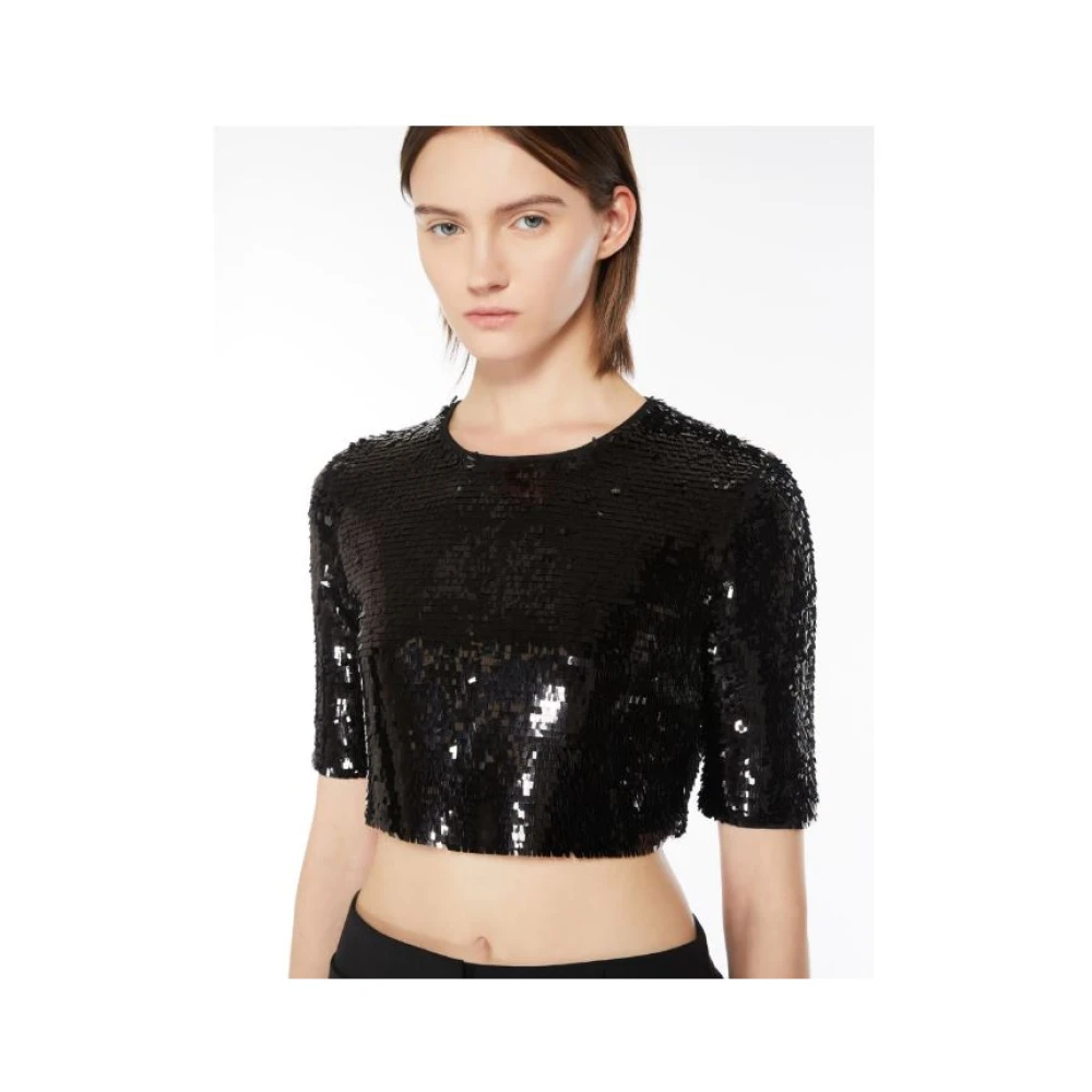 SPORTMAX Paillet Mesh Crop Top Black Dames