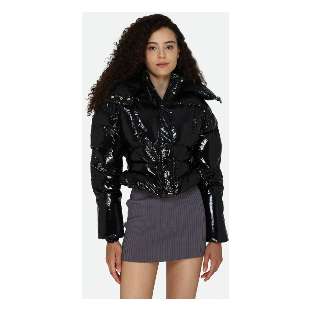 pinko Zwarte Glanzende Gewatteerde Jas met Capuchon Black Dames