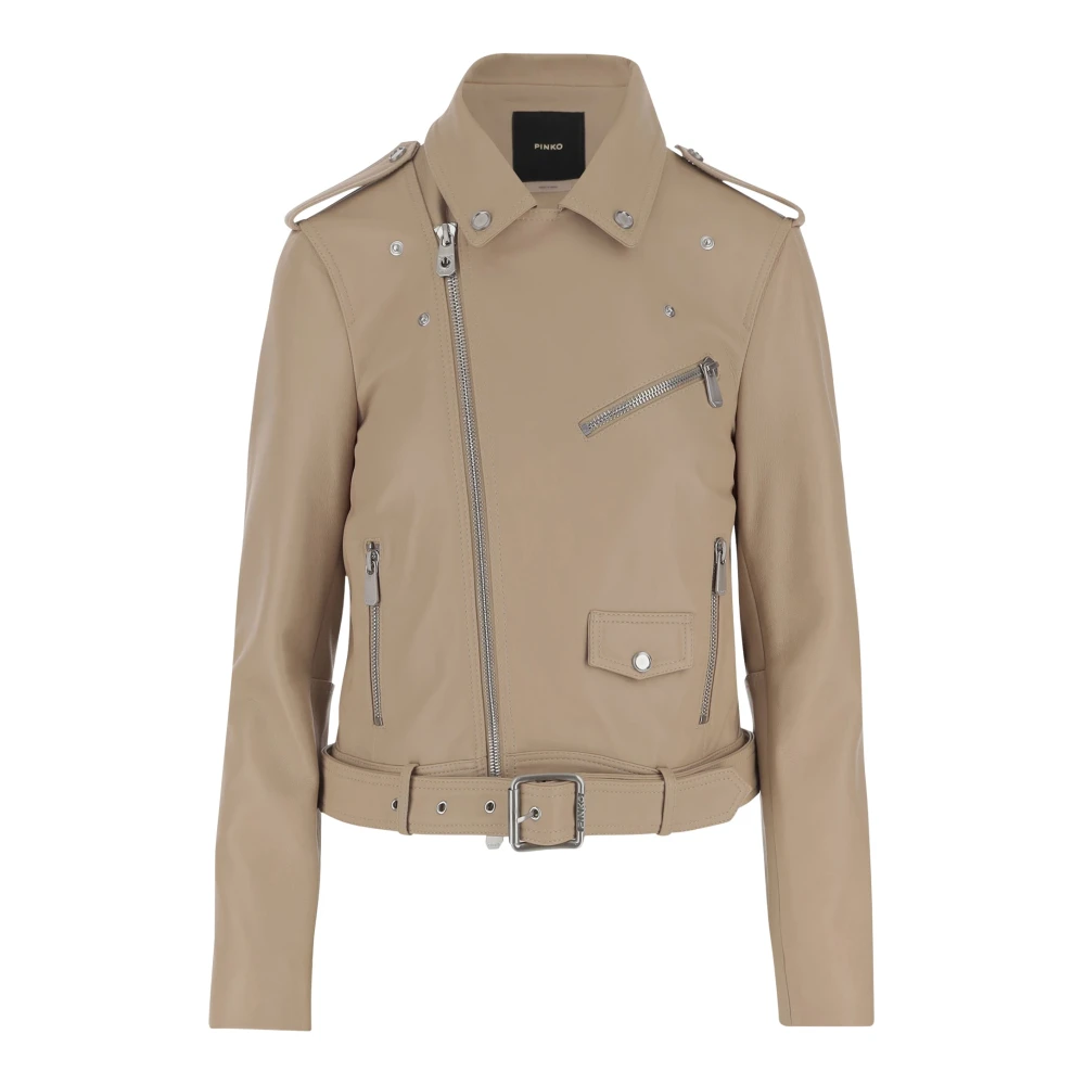 Pinko Women's Beige Leather Jackets, Xs, Leather Biker Jacket With Metal Buttons