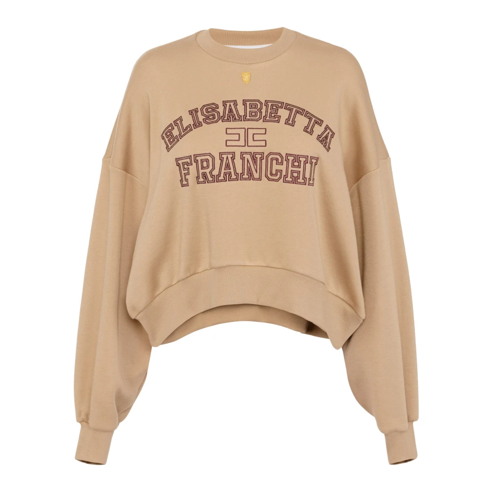 Elisabetta Franchi Cropped katoen logo college sweatshirt Beige Dames