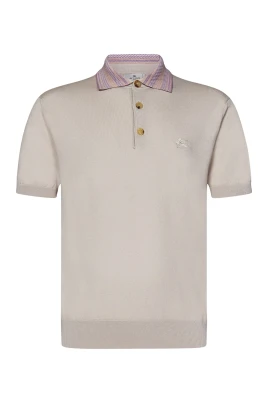 Beige Stickad Polotröja med Logobrodyr