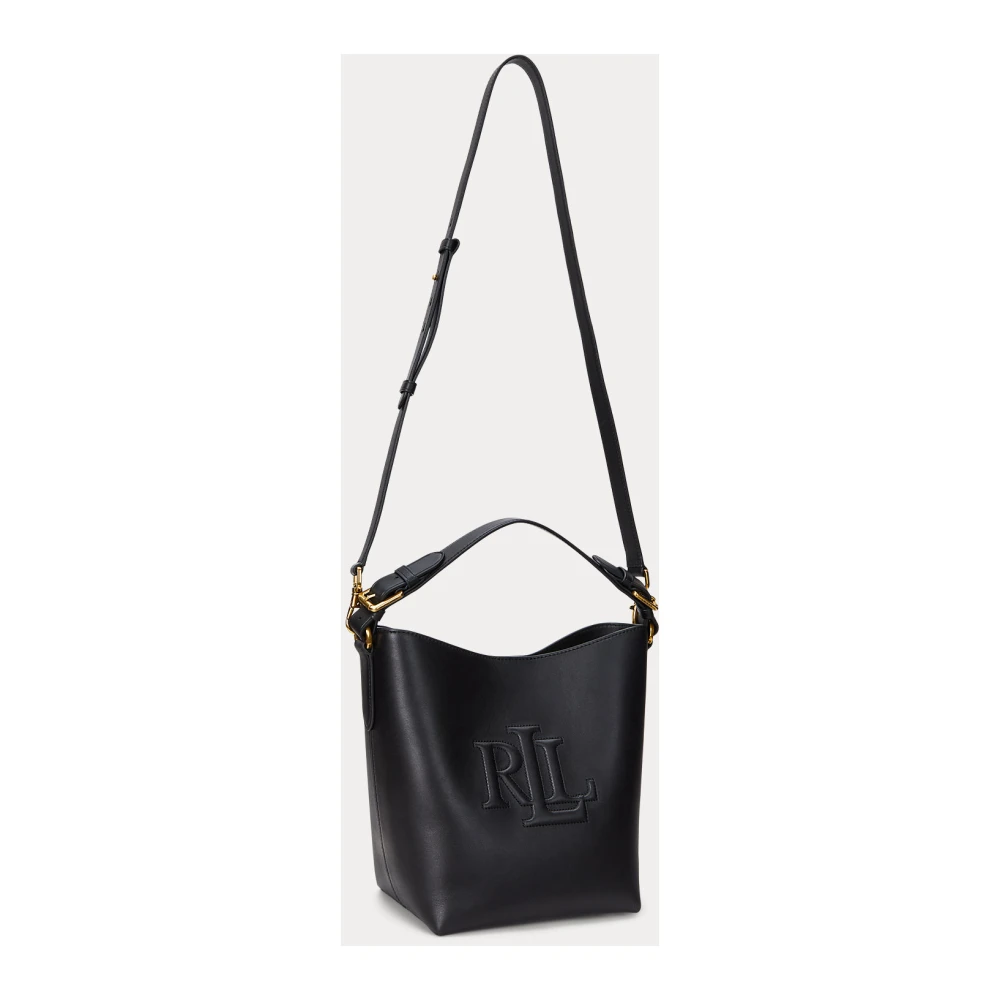 Ralph Lauren Leren Bucket Bag met Oversized Logo Black Dames