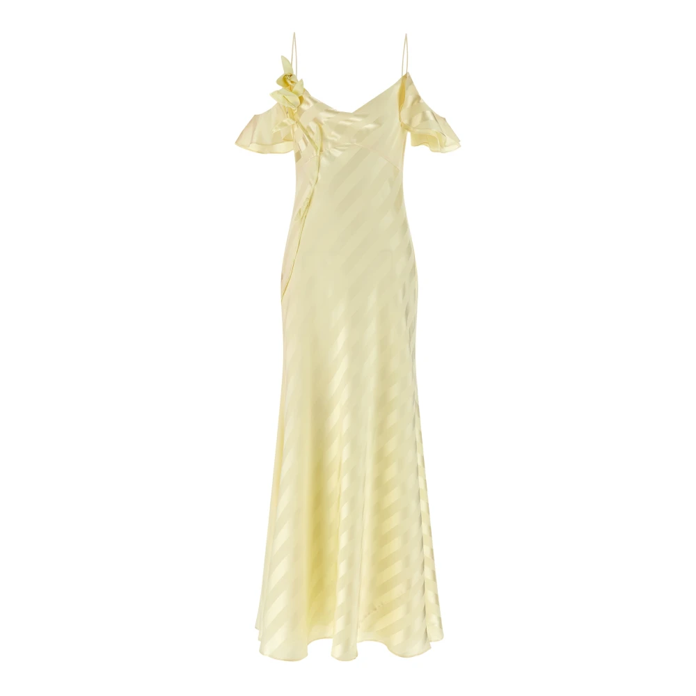 Self Portrait Women's Yellow Maxi Dresses, M, Satin Striped Maxi Dress