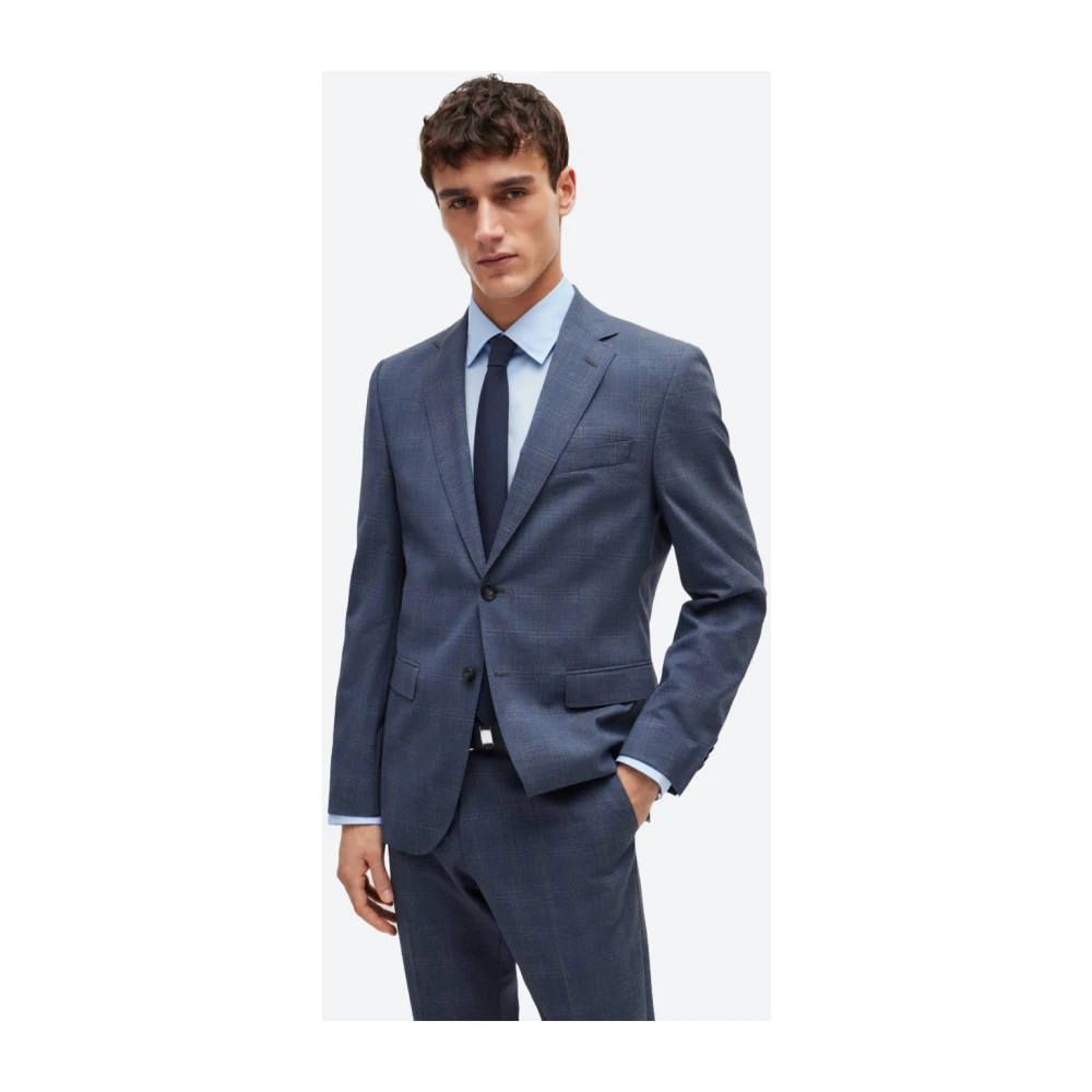 Hugo Boss Geruite wollen blend regular fit jurk Blue Heren