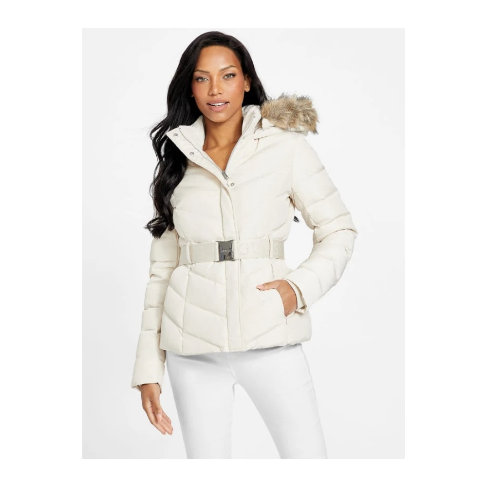 Guess Faux Fur Hooded Puffer Jacket Beige Dames