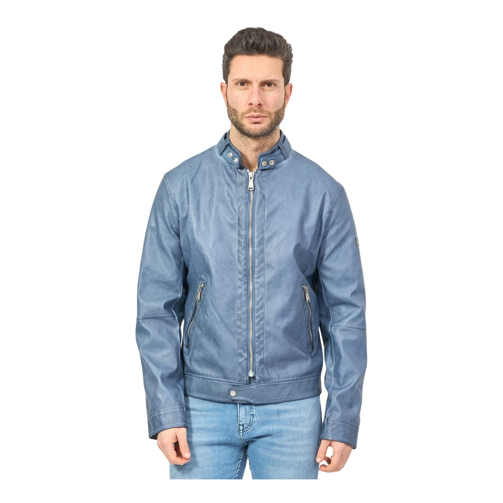 YES ZEE Blauwe Leren Fullzip Jas Blue Heren