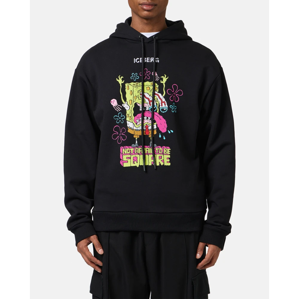 Iceberg Reguliere zwarte fit hoodie met SpongeBob print en logo borduursel Black Heren